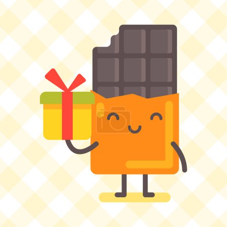Téléchargez les illustrations : Caractère chocolat tenant boîte cadeau et souriant. Drôle de personnage. Illustration vectorielle - en licence libre de droit