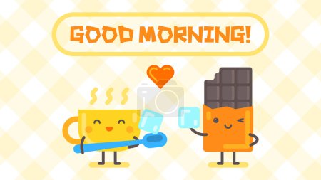 Illustration for Good morning. Cup and chocolate character hold sugar cube. Funny character. Vector Illustration - Royalty Free Image