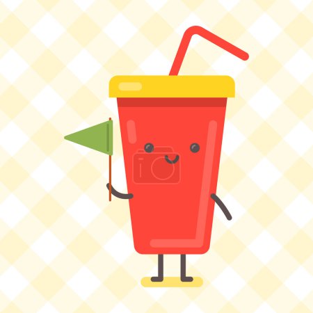 Illustration for Drink character holding green flag and smiling. Funny character. Vector Illustration - Royalty Free Image