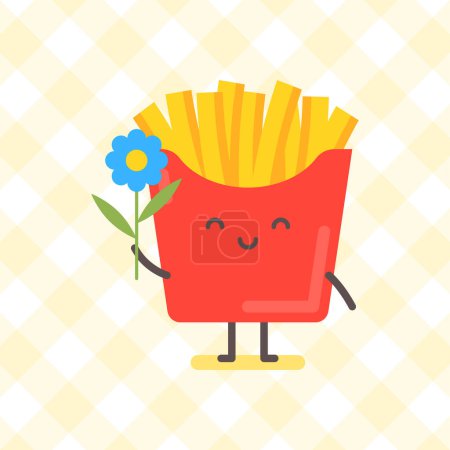 Ilustración de Papas fritas carácter sosteniendo flor y sonriendo. Un personaje gracioso. Ilustración vectorial - Imagen libre de derechos
