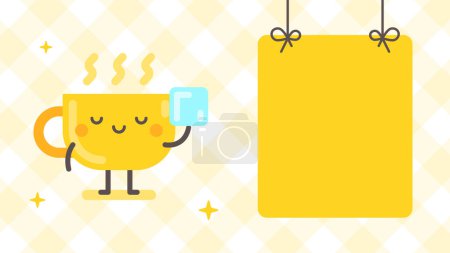 Ilustración de Banner vacío y el carácter de la taza que sostiene el cubo de azúcar. Un personaje gracioso. Ilustración vectorial - Imagen libre de derechos