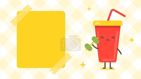 Illustration for Empty banner and drink character holding dumbbell. Funny character. Vector Illustration - Royalty Free Image