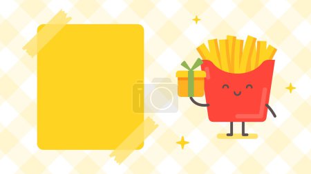 Illustration for Empty banner and french fries character holding gift box. Funny character. Vector Illustration - Royalty Free Image