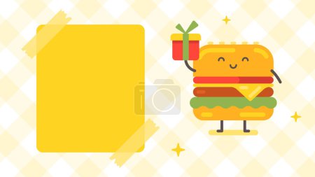 Téléchargez les illustrations : Bannière vide et hamburger personnage tenant boîte cadeau. Drôle de personnage. Illustration vectorielle - en licence libre de droit