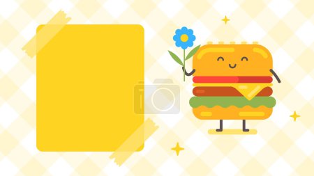 Téléchargez les illustrations : Bannière vide et caractère hamburger tenant fleur. Drôle de personnage. Illustration vectorielle - en licence libre de droit
