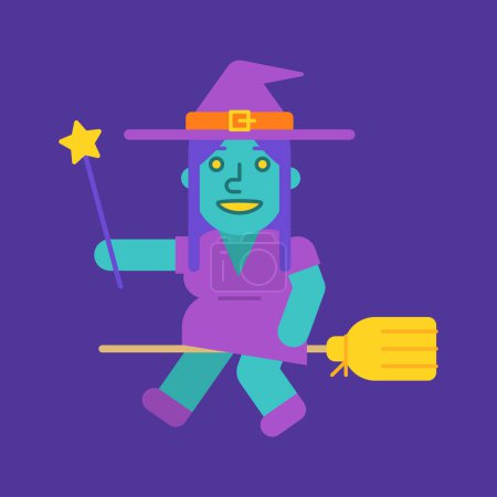 Illustration for Cute witch flies on broom and holds magic wand. Vector Illustration - Royalty Free Image