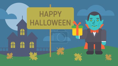 Illustration for Happy Halloween composition vampire holding gift and smiling. Vector Illustration - Royalty Free Image