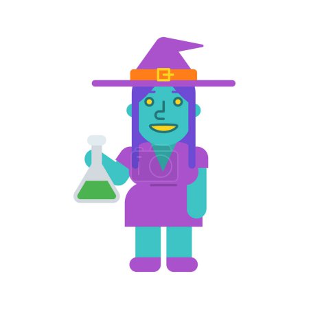 Illustration for Witch holds test tube and smiles. Vector Illustration - Royalty Free Image