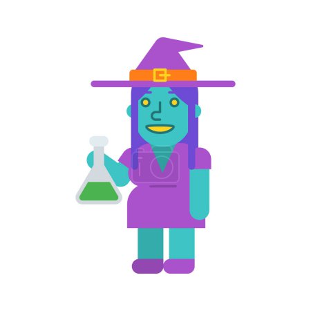 Illustration for Witch three quarters holds test tube and smiles. Vector Illustration - Royalty Free Image
