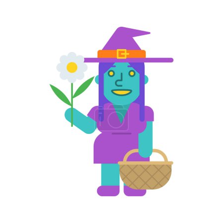 Ilustración de Bruja sosteniendo flor sosteniendo cesta y sonrisas. Ilustración vectorial - Imagen libre de derechos