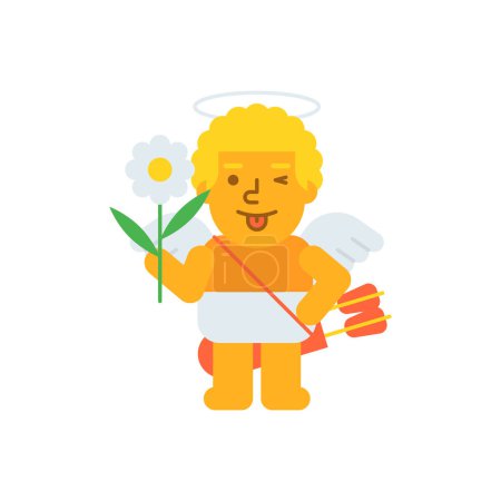 Illustration for Cupid holding flower and winking. Vector Illustration - Royalty Free Image