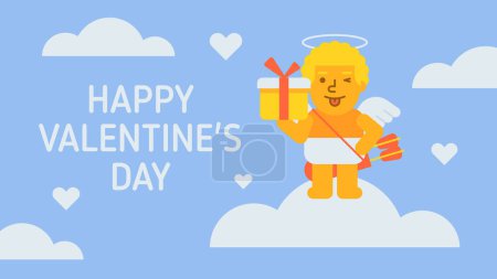 Illustration for Happy Valentines Day composition cupid holding gift and winking. Vector Illustration - Royalty Free Image