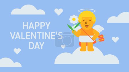 Illustration for Happy Valentines Day composition cupid holding flower and winking. Vector Illustration - Royalty Free Image