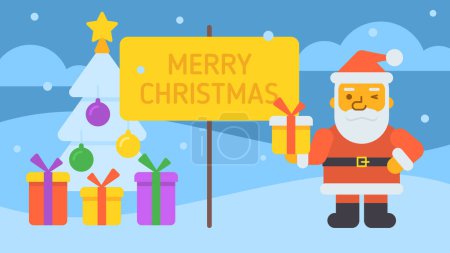 Illustration for Merry Christmas composition Santa holding gift box and winking. Vector Illustration - Royalty Free Image
