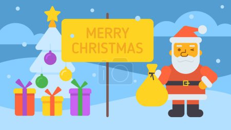 Illustration for Merry Christmas composition Santa holding bag gifts and winking. Vector Illustration - Royalty Free Image