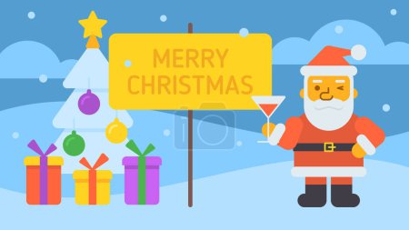 Illustration for Merry Christmas composition Santa holding glass and winking. Vector Illustration - Royalty Free Image