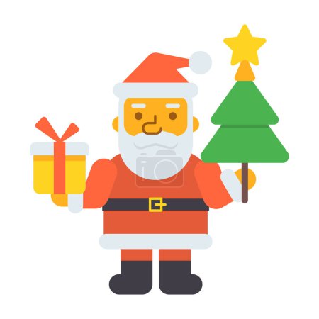 Illustration for Santa holding Christmas tree holding gift box. Vector Illustration - Royalty Free Image