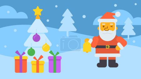 Téléchargez les illustrations : Joyeux Noël composition cadeaux arbre de Noël Père Noël tenant cloche. Illustration vectorielle - en licence libre de droit