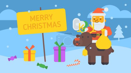 Illustration for Merry Christmas composition Santa sitting on reindeer holding gift bag and megaphone. Vector Illustration - Royalty Free Image