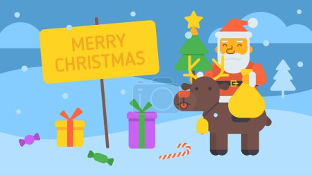Illustration for Merry Christmas composition Santa sitting on reindeer holding gift bag and Christmas tree. Vector Illustration - Royalty Free Image