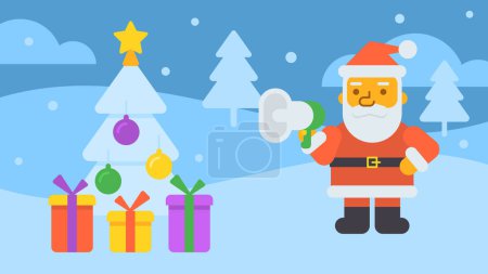 Téléchargez les illustrations : Joyeux Noël composition cadeaux arbre de Noël Santa tenant mégaphone. Illustration vectorielle - en licence libre de droit