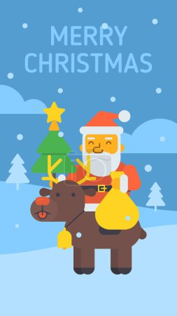 Téléchargez les illustrations : Père Noël assis sur un renne tenant un sac cadeau et un sapin de Noël. Illustration vectorielle - en licence libre de droit