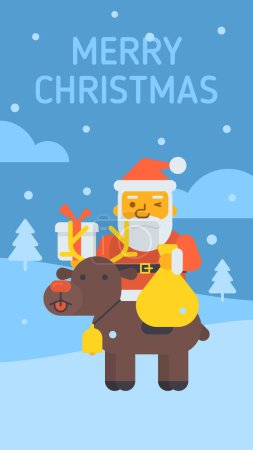 Illustration for Santa sitting on reindeer holding gift bag and gift box. Vector Illustration - Royalty Free Image