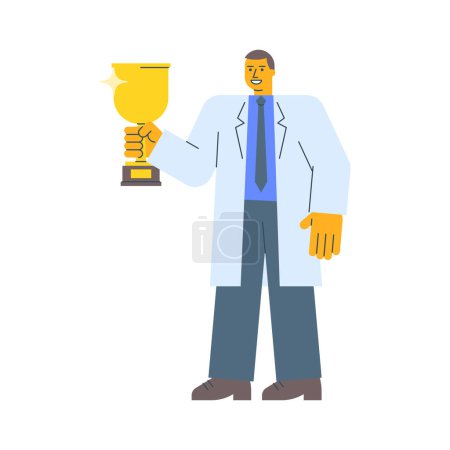 Illustration for Doctor in robe holds gold cup and smiles. Vector Illustration - Royalty Free Image