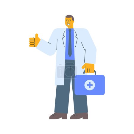 Ilustración de El doctor en bata sostiene la maleta muestra los pulgares hacia arriba y sonríe. Ilustración vectorial - Imagen libre de derechos