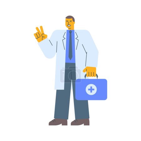 Illustration for Doctor in robe holds suitcase shows two fingers gesture and smiles. Vector Illustration - Royalty Free Image