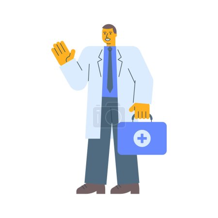 Illustration for Doctor in robe holds suitcase waves hand and smiles. Vector Illustration - Royalty Free Image