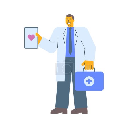 Illustration for Doctor in robe holds tablet with picture heart holds suitcase and smiles. Vector Illustration - Royalty Free Image