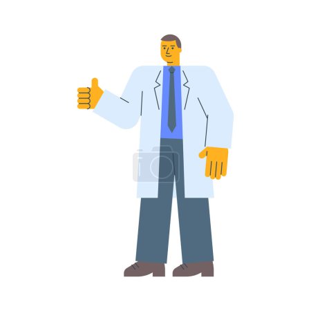 Illustration for Doctor in robe shows thumbs up and smiles. Vector Illustration - Royalty Free Image