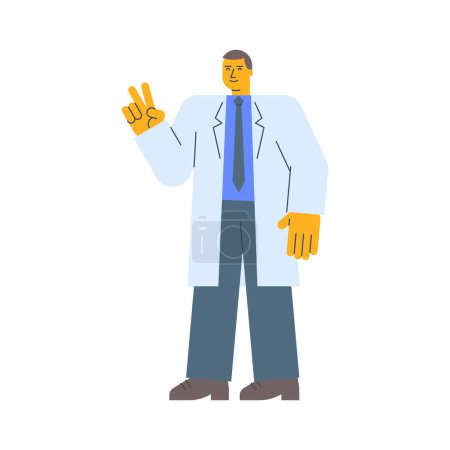 Illustration for Doctor in robe shows two fingers gesture and smiles. Vector Illustration - Royalty Free Image