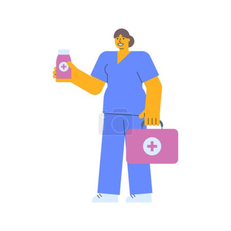 Illustration for Nurse holding bottle with pills and holding suitcase. Vector Illustration - Royalty Free Image