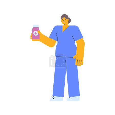 Illustration for Nurse holding bottle with pills and smiles. Vector Illustration - Royalty Free Image