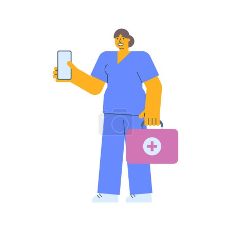 Illustration for Nurse holding mobile phone and holding suitcase. Vector Illustration - Royalty Free Image