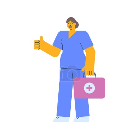 Ilustración de La enfermera muestra los pulgares hacia arriba y sostiene la maleta. Ilustración vectorial - Imagen libre de derechos