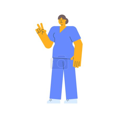 Illustration for Nurse shows two fingers gesture and smiles. Vector Illustration - Royalty Free Image