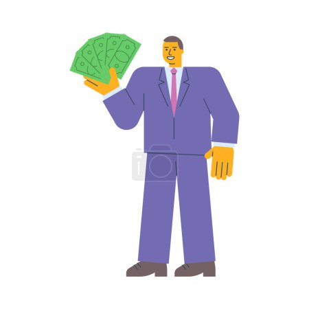 Téléchargez les illustrations : Homme d'affaires tenant cinq billets et souriant. Illustration vectorielle - en licence libre de droit