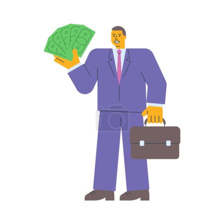 Téléchargez les illustrations : Homme d'affaires tenant cinq billets de banque tenant une valise. Illustration vectorielle - en licence libre de droit