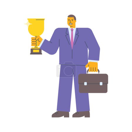 Téléchargez les illustrations : Homme d'affaires tenant une tasse en or tenant une valise. Illustration vectorielle - en licence libre de droit