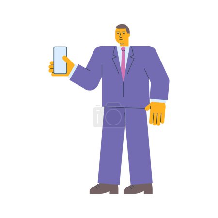 Téléchargez les illustrations : Homme d'affaires tenant un téléphone portable et souriant. Illustration vectorielle - en licence libre de droit