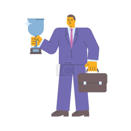 Ilustración de Empresario sosteniendo una taza de plata sosteniendo la maleta. Ilustración vectorial - Imagen libre de derechos