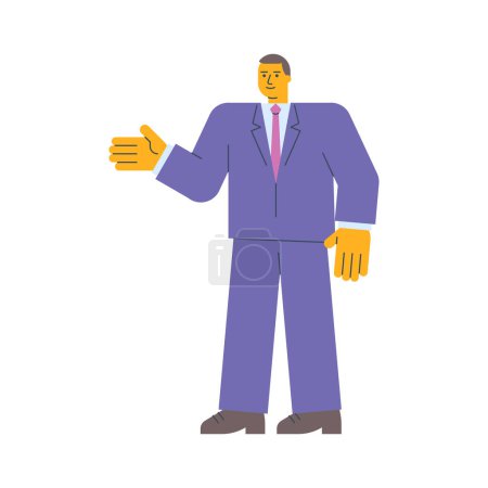 Illustration for Businessman points hand and smiles. Vector Illustration - Royalty Free Image