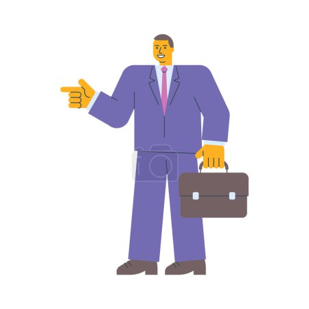 Téléchargez les illustrations : L'homme d'affaires pointe du doigt tenant une valise. Illustration vectorielle - en licence libre de droit