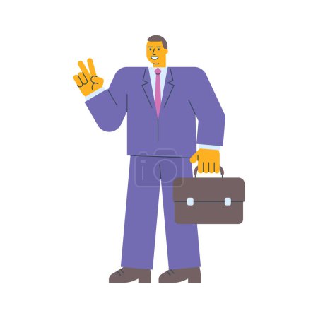 Ilustración de El hombre de negocios muestra un gesto de dos dedos sosteniendo la maleta. Ilustración vectorial - Imagen libre de derechos