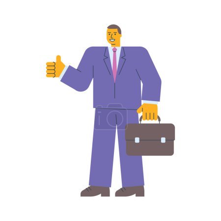 Ilustración de El hombre de negocios muestra los pulgares arriba sosteniendo la maleta. Ilustración vectorial - Imagen libre de derechos