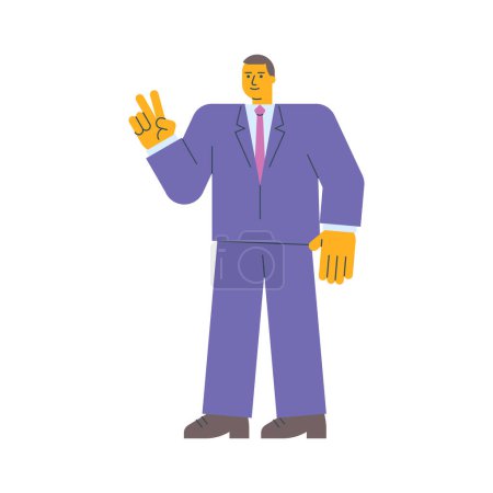 Illustration for Businessman shows two fingers gesture and smiles. Vector Illustration - Royalty Free Image