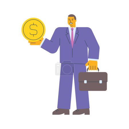 Téléchargez les illustrations : Homme d'affaires tenant pièce d'or avec signe dollar tenant valise. Illustration vectorielle - en licence libre de droit